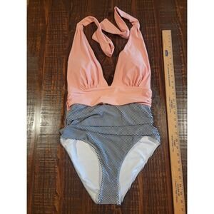 NWOT Cupshe Womens One Piece Swimsuit Size Large Peach black and white stripe